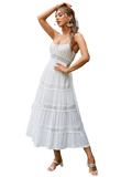 Simplee Elegant spaghetti strap lace patchwork summer white dress women High waist square collar long dress Holiday long vestido