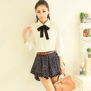 Gold Angel White Blouses Chiffon Peter Peter Pan Collar Casual Shirt Ladies Tops School Blouse 2 style Female Elegant Black Bow Tie