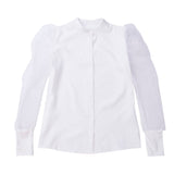 2021 New Womens Fashion Blouse Mesh Sheer Puff Sleeve V Neck Button Elegant Blouses Tops Ladies Shirts Blusas Black White