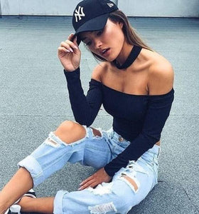 Women Long Sleeve Crop Tops Sexy Basic Solid Black White Lady Casual Tshirt Sexy Off Shoulder T Shirts Summer Autumn