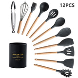 10/11/12/Set Silicone Kitchen Utensil Cooking Non-stick Spatula Shovel Tong Soup Ladle Wooden Handle Stainless Steel Storage Box