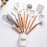10/11/12/Set Silicone Kitchen Utensil Cooking Non- stick Spatula Shovel Tong Soup Ladle Wooden Handle Stainless Steel Storage Box