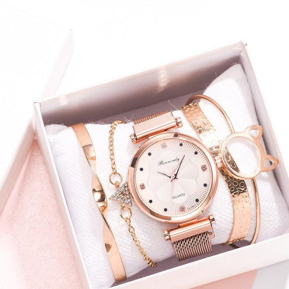 (Free Shipping) Wristwatch G10W Women Fashion Watch with  5pcs Set  Luxury Magnet Buckle Flower Rhinestone  Ladies Quartz  Bracelet Set Reloj Mujer