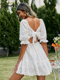 The White Angel Cotton lace up hollow out summer white dress women Holiday casual high waist ruffled mini dresses A-line frills vestido