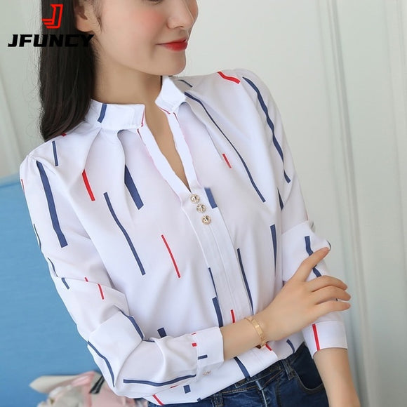 Gold Angel Women White Tops and Blouses Fashion Stripe Print Casual Long Sleeve Office Lady Work Shirts Female Slim Blusas