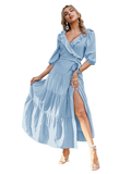 The White Angel Summer Women's Dress 2022  lace up v-neck women summer dress blue Elegant puff Evenings\Holidays