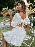 The White Angel Cotton lace up hollow out summer white dress women Holiday casual high waist ruffled mini dresses A-line frills vestido