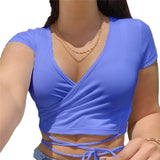 2022 Summer Solid V Neck T Shirts Women Short Sleeve Short Tops Crop Tops Ladies Casual Tops Tees Female Shirts White Pink