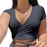 2022 Summer Solid V Neck T Shirts Women Short Sleeve Short Tops Crop Tops Ladies Casual Tops Tees Female Shirts White Pink