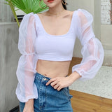 Gold Angel Women T-shirt Long Puff Sleeve Shirts Summer Women\\s Solid Color Kawaii Clothes White Sweet Korean Style Tee\\