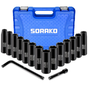 (FREE SHIPPING) Impact  Set 1/2” Drive, 16Pcs Metric 10-24mm 6 Point Long Impact Socket Set, 2 Piece Extension Rod for Drill Driver