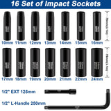 (FREE SHIPPING) Impact  Set 1/2” Drive, 16Pcs Metric 10-24mm 6 Point Long Impact Socket Set, 2 Piece Extension Rod for Drill Driver
