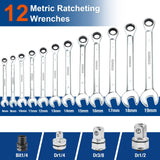 (FREE SHIPPING) Ratchet Spanner Set 12 Pieces Combination Wrenches, Standard Metric Set 72 Tooth Ratchet Gear 8-19 mm 4 adapters