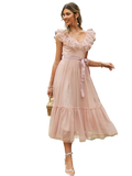 The White Angel V-neck mesh polka dot summer tulle party dress women Backless pink ruffle sleeveless dresses (Free Shipping)